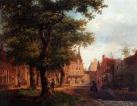 Bartholomeus Johannes Van Hove - A Village Square With Villagers Conversing Under Trees